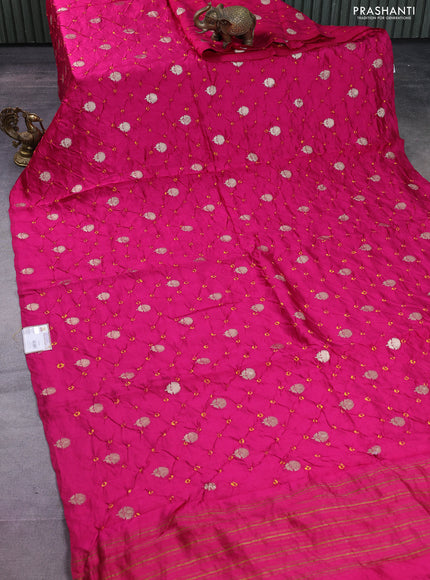 Chiniya silk saree pink and mustard yellow with allover zari buttas & bandhini prints in borderless style