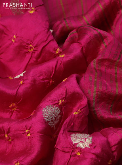 Chiniya silk saree pink and mustard yellow with allover zari buttas & bandhini prints in borderless style