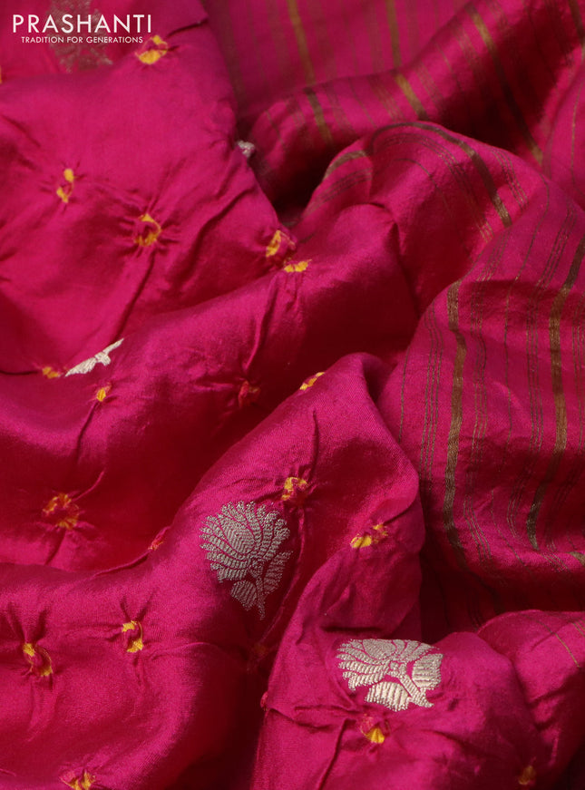 Chiniya silk saree pink and mustard yellow with allover zari buttas & bandhini prints in borderless style