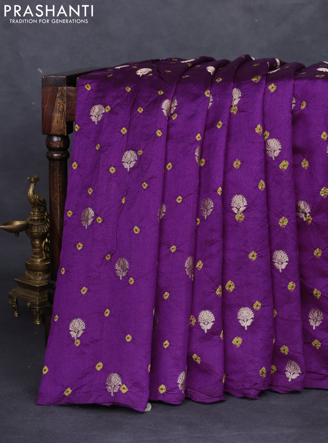 Chiniya silk saree purple and mehendi green with allover zari buttas & bandhini prints in borderless style