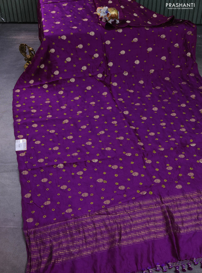 Chiniya silk saree purple and mehendi green with allover zari buttas & bandhini prints in borderless style