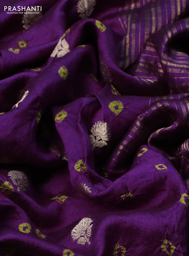 Chiniya silk saree purple and mehendi green with allover zari buttas & bandhini prints in borderless style