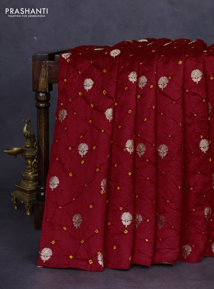 Chiniya silk saree red and mustard yellow with allover zari buttas & bandhini prints in borderless style