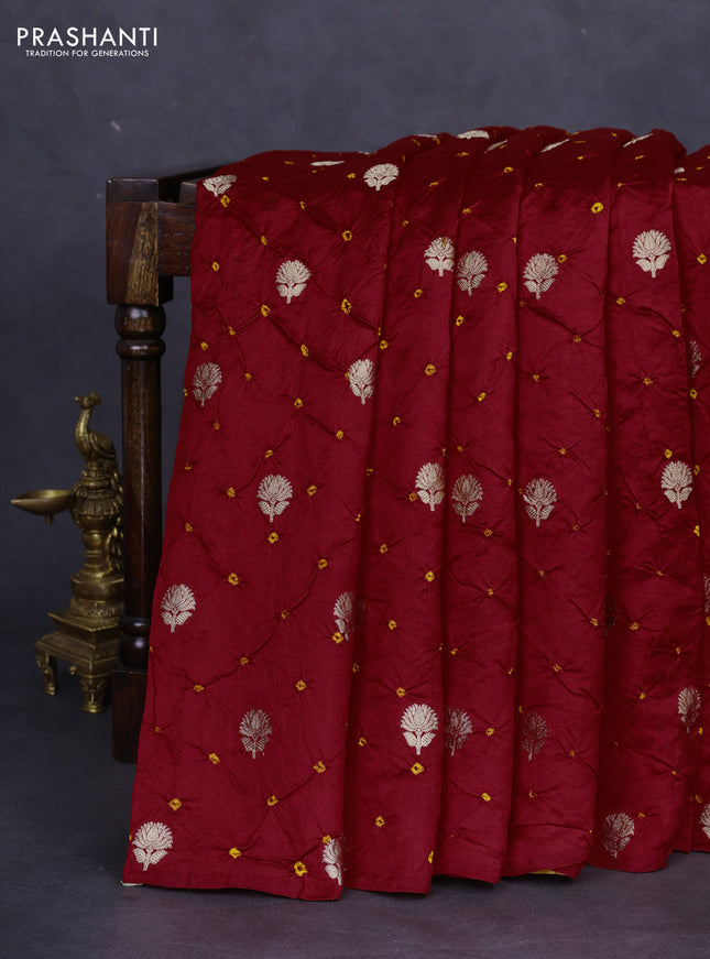 Chiniya silk saree red and mustard yellow with allover zari buttas & bandhini prints in borderless style