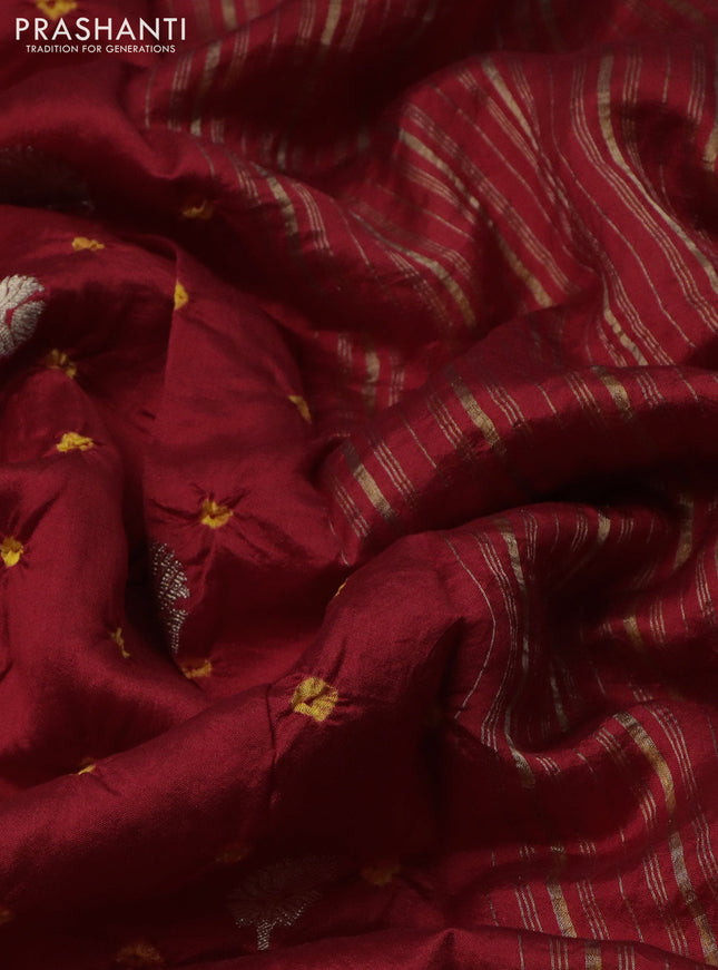 Chiniya silk saree red and mustard yellow with allover zari buttas & bandhini prints in borderless style