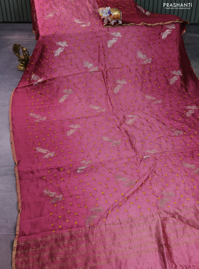 Chiniya silk saree mauve pink with allover zari buttas & bandhini prints and zari woven piping border