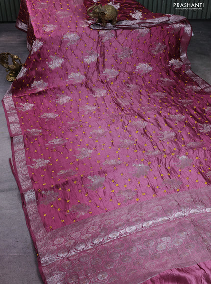 Chiniya silk saree mauve pink with allover silver zari buttas & bandhini prints and silver zari woven border