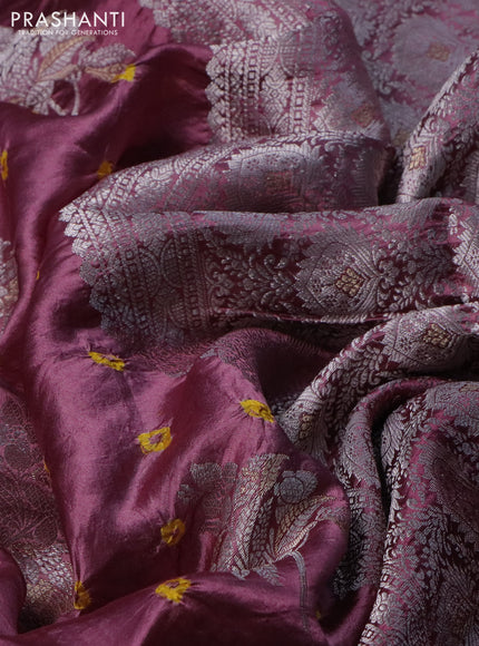 Chiniya silk saree mauve pink with allover silver zari buttas & bandhini prints and silver zari woven border