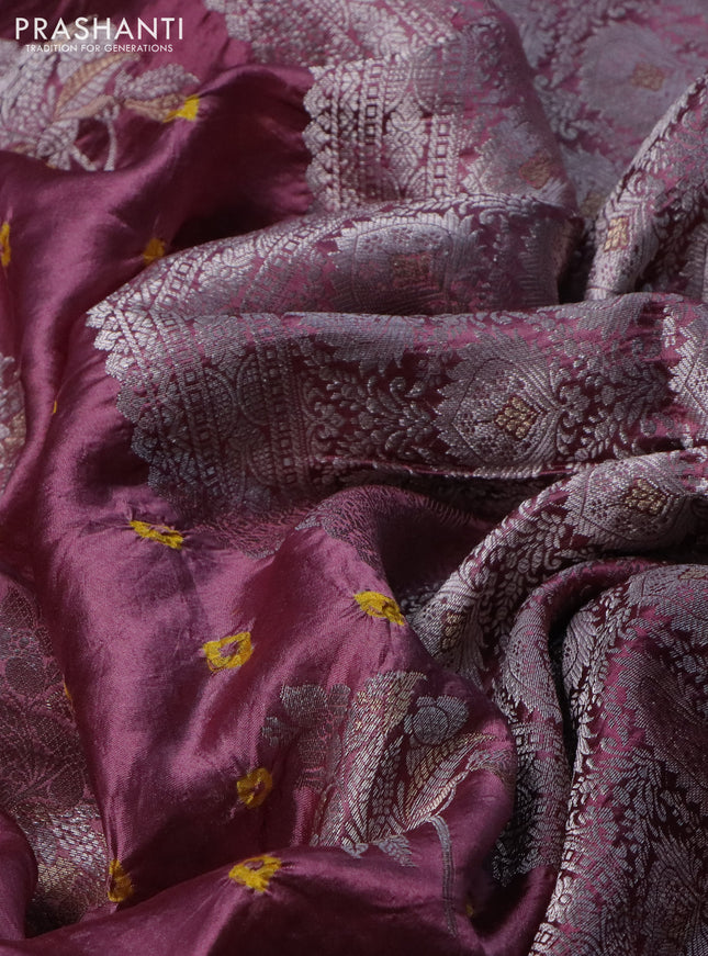 Chiniya silk saree mauve pink with allover silver zari buttas & bandhini prints and silver zari woven border