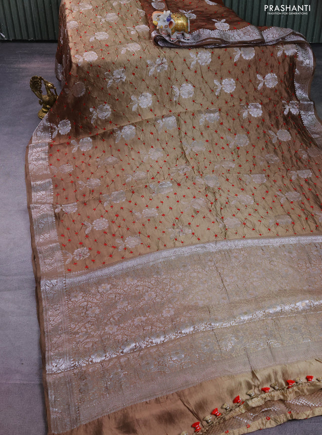 Chiniya silk saree brown with allover silver zari buttas & bandhini prints and silver zari woven border