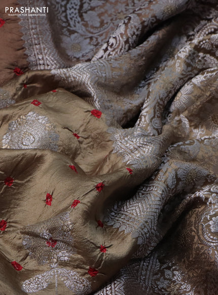 Chiniya silk saree brown with allover silver zari buttas & bandhini prints and silver zari woven border