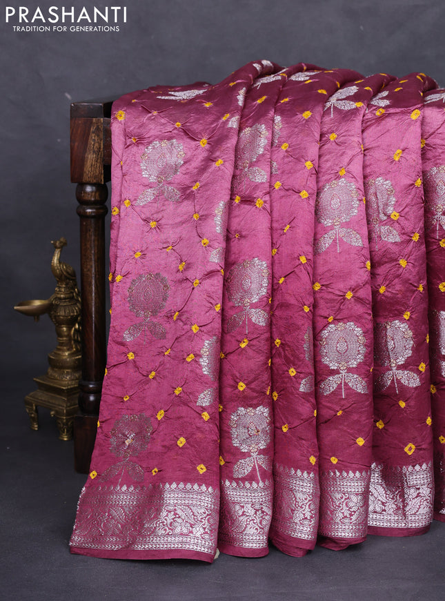 Chiniya silk saree wine shade with allover silver zari buttas & bandhini prints and silver zari woven border
