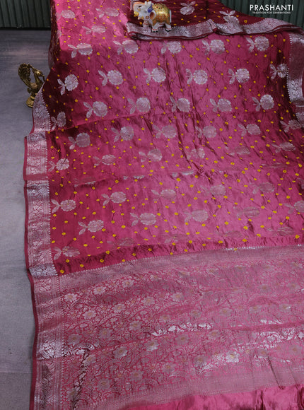 Chiniya silk saree wine shade with allover silver zari buttas & bandhini prints and silver zari woven border