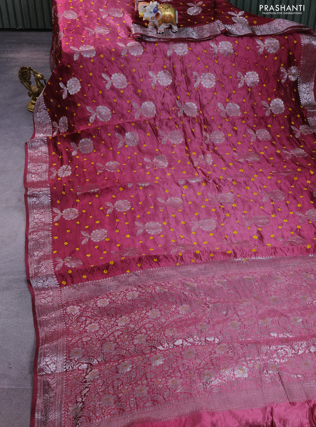 Chiniya silk saree wine shade with allover silver zari buttas & bandhini prints and silver zari woven border