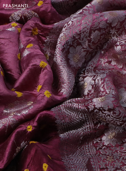 Chiniya silk saree wine shade with allover silver zari buttas & bandhini prints and silver zari woven border