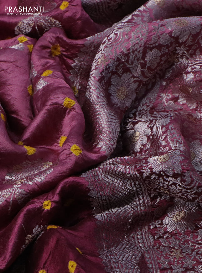 Chiniya silk saree wine shade with allover silver zari buttas & bandhini prints and silver zari woven border