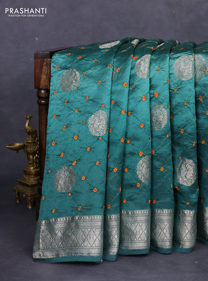 Chiniya silk saree peacock green with allover zari buttas & bandhini prints and zari woven border