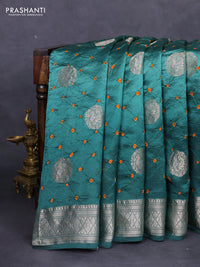 Chiniya silk saree peacock green with allover zari buttas & bandhini prints and zari woven border