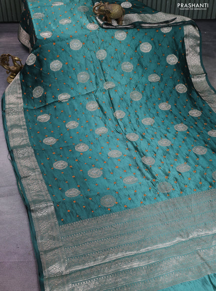 Chiniya silk saree peacock green with allover zari buttas & bandhini prints and zari woven border