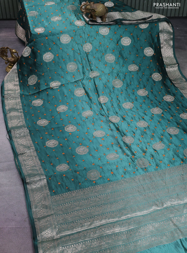 Chiniya silk saree peacock green with allover zari buttas & bandhini prints and zari woven border