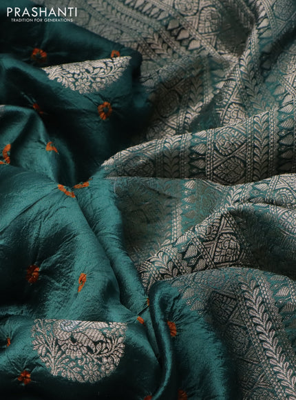 Chiniya silk saree peacock green with allover zari buttas & bandhini prints and zari woven border