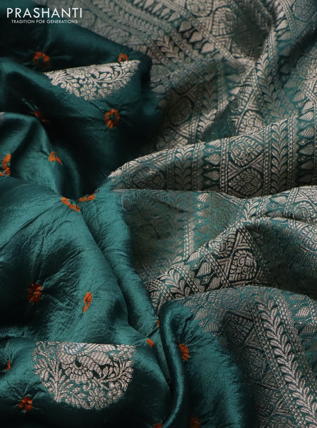 Chiniya silk saree peacock green with allover zari buttas & bandhini prints and zari woven border