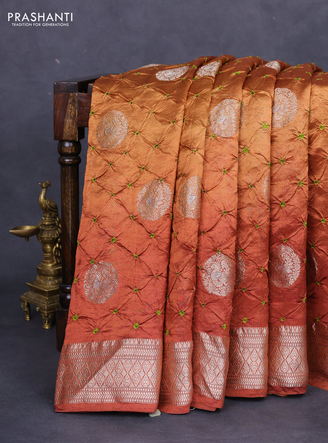Chiniya silk saree brown with allover zari buttas & bandhini prints and zari woven border
