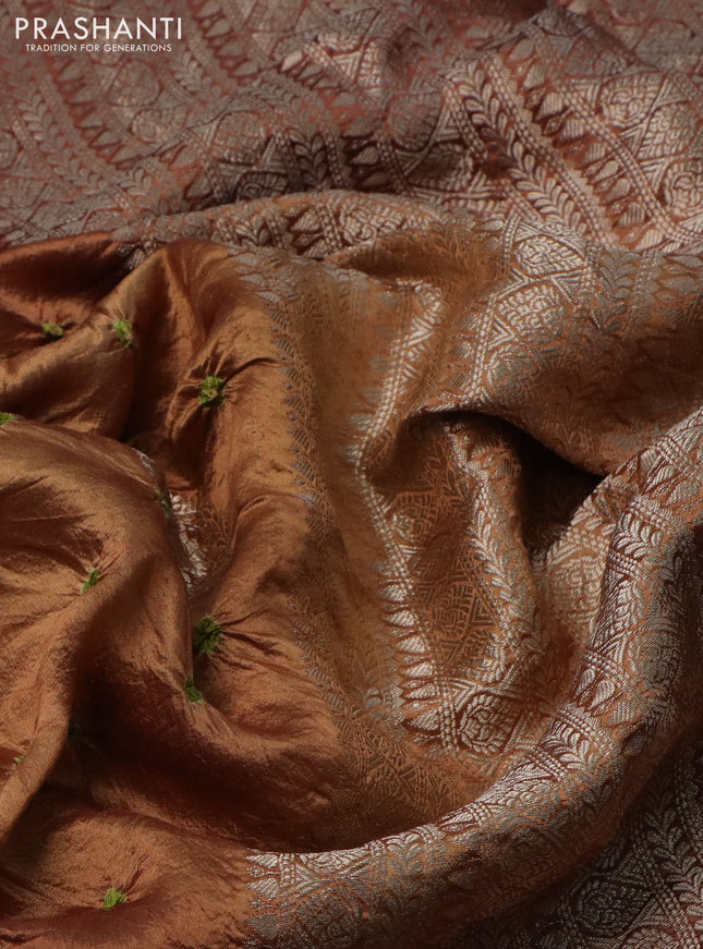 Chiniya silk saree brown with allover zari buttas & bandhini prints and zari woven border