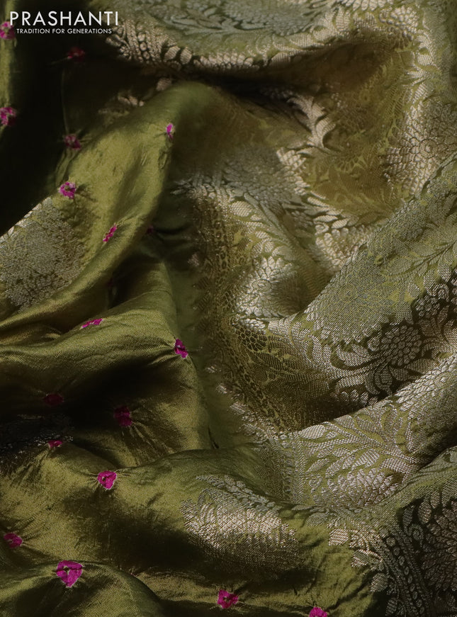 Chiniya silk saree sap green with allover zari buttas & bandhini prints and zari woven simple border