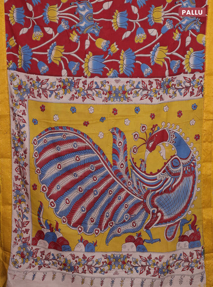 Kalamkari semi silk saree maroon and yellow with allover prints and zari woven border