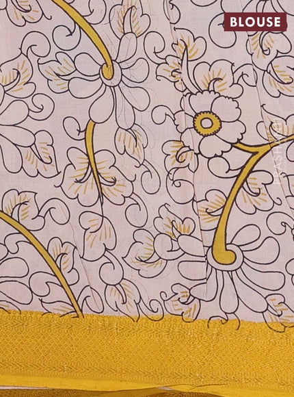 Kalamkari semi silk saree maroon and yellow with allover prints and zari woven border