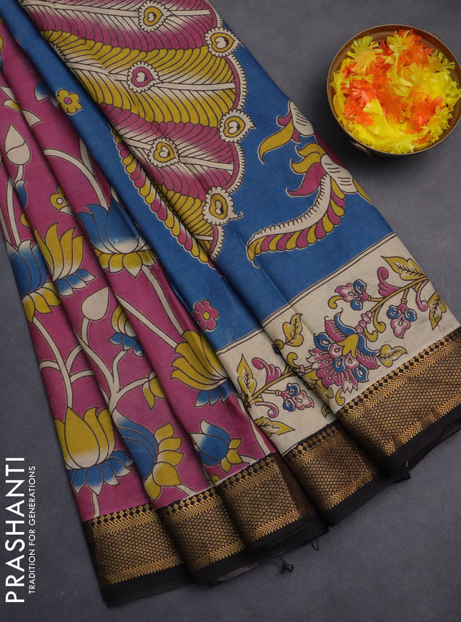 Kalamkari semi silk saree mauve pink and black with allover prints and zari woven border