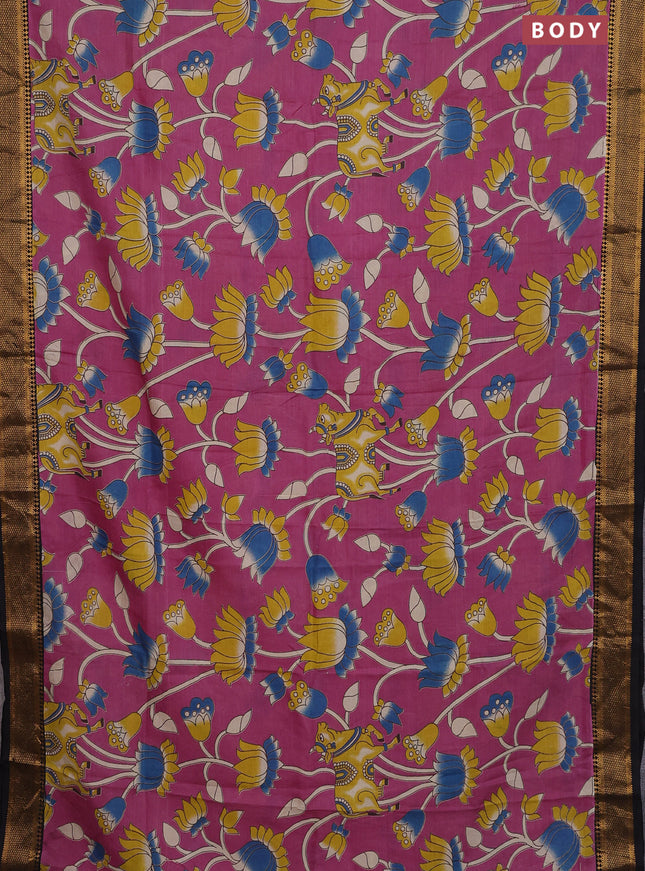 Kalamkari semi silk saree mauve pink and black with allover prints and zari woven border