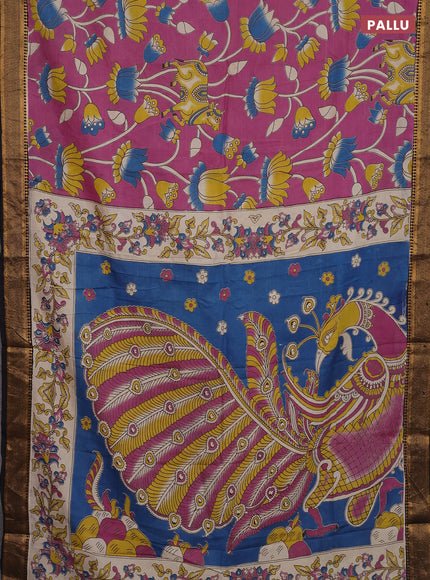 Kalamkari semi silk saree mauve pink and black with allover prints and zari woven border