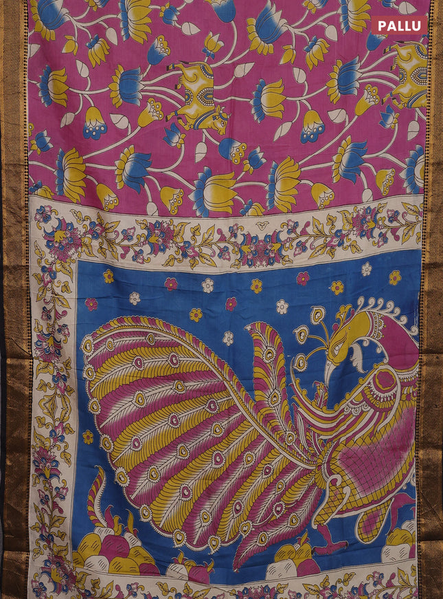 Kalamkari semi silk saree mauve pink and black with allover prints and zari woven border