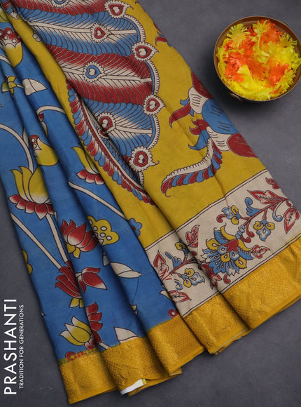 Kalamkari semi silk saree cs blue and yellow with allover prints and zari woven border