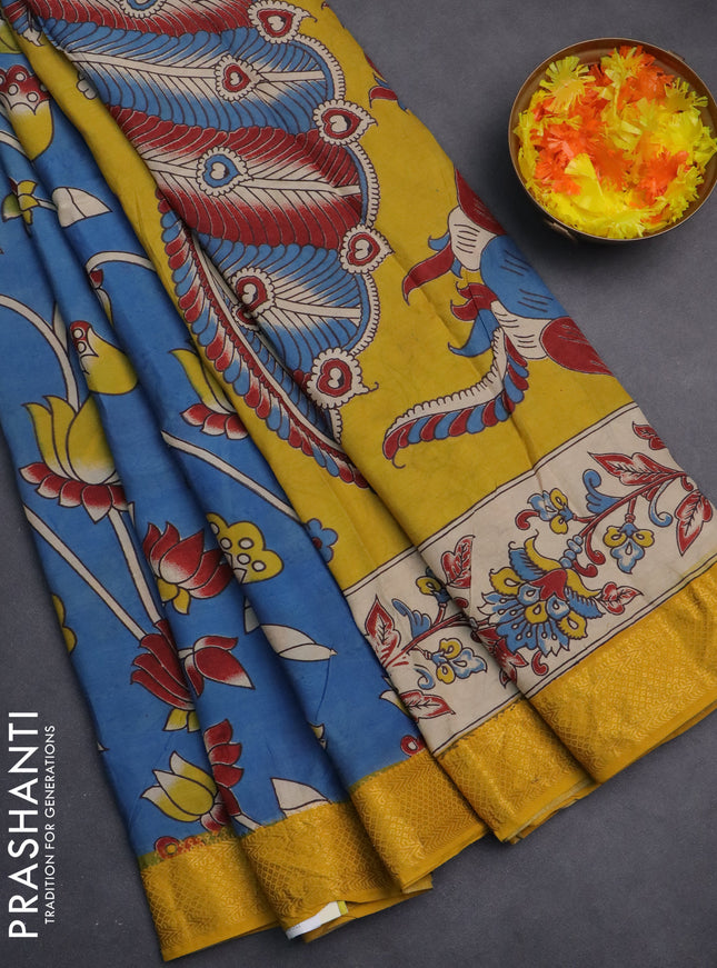 Kalamkari semi silk saree cs blue and yellow with allover prints and zari woven border