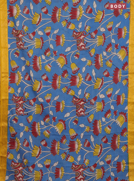 Kalamkari semi silk saree cs blue and yellow with allover prints and zari woven border
