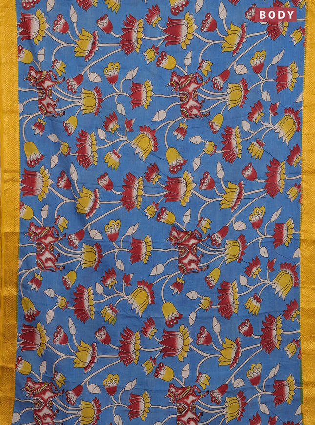 Kalamkari semi silk saree cs blue and yellow with allover prints and zari woven border