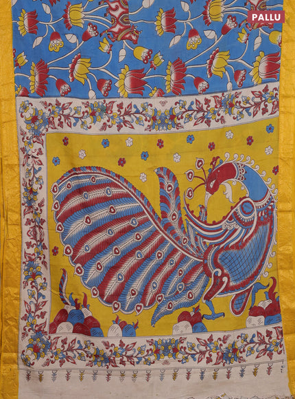Kalamkari semi silk saree cs blue and yellow with allover prints and zari woven border