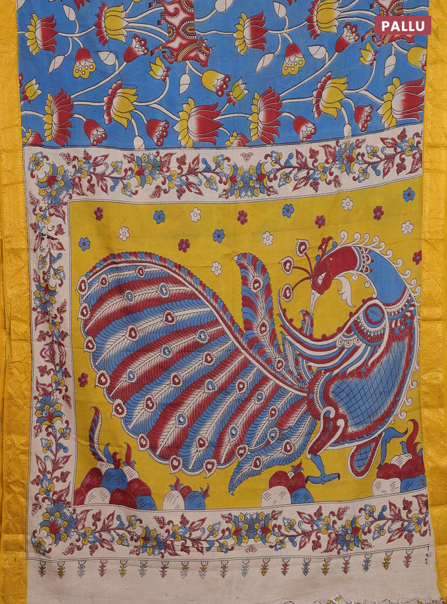 Kalamkari semi silk saree cs blue and yellow with allover prints and zari woven border