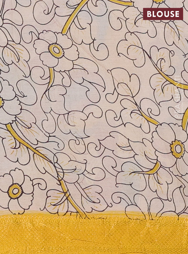 Kalamkari semi silk saree cs blue and yellow with allover prints and zari woven border