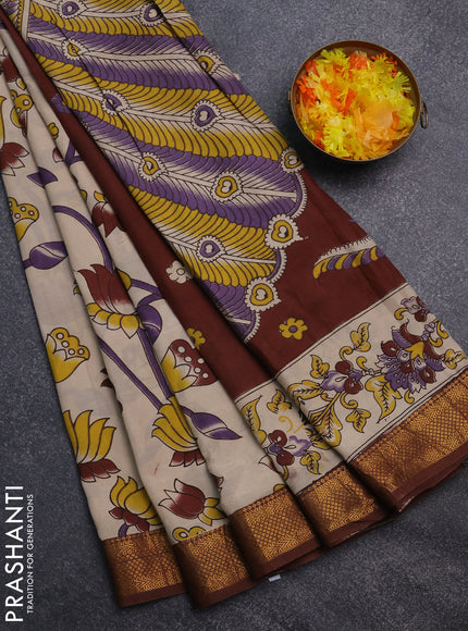 Kalamkari semi silk saree beige and brown with allover prints and zari woven border