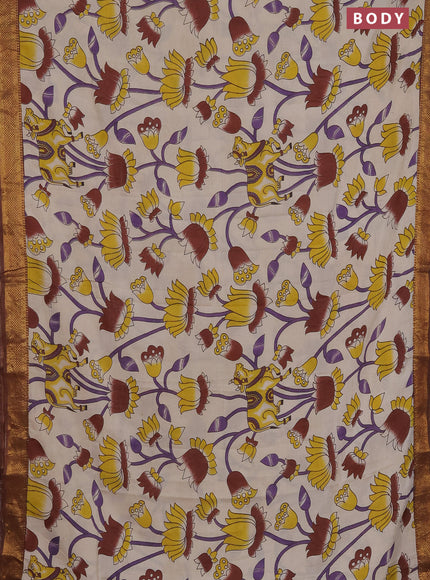 Kalamkari semi silk saree beige and brown with allover prints and zari woven border