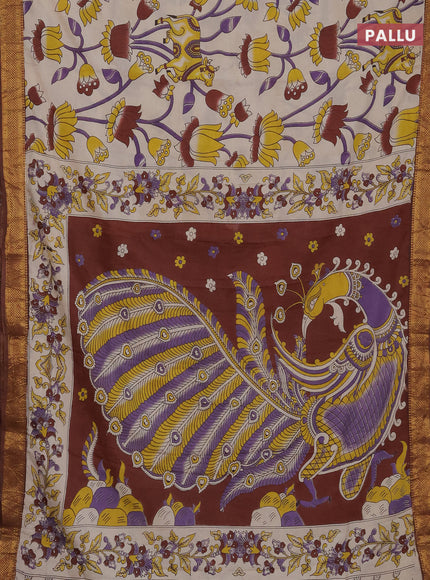 Kalamkari semi silk saree beige and brown with allover prints and zari woven border