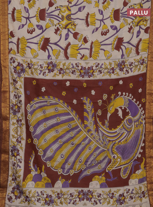 Kalamkari semi silk saree beige and brown with allover prints and zari woven border