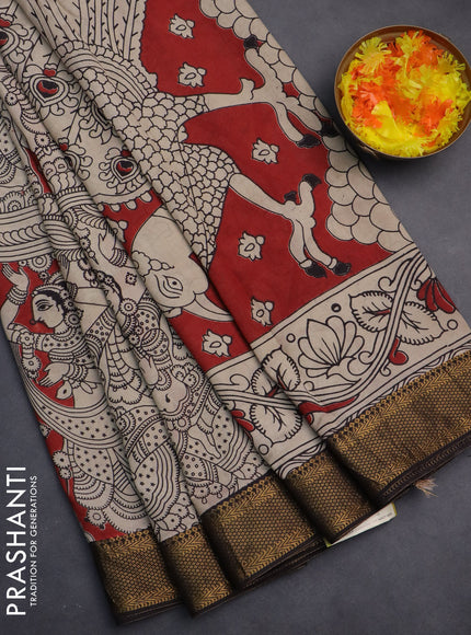 Kalamkari semi silk saree maroon and black with allover prints and zari woven border
