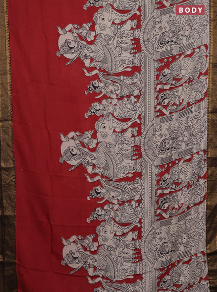 Kalamkari semi silk saree maroon and black with allover prints and zari woven border