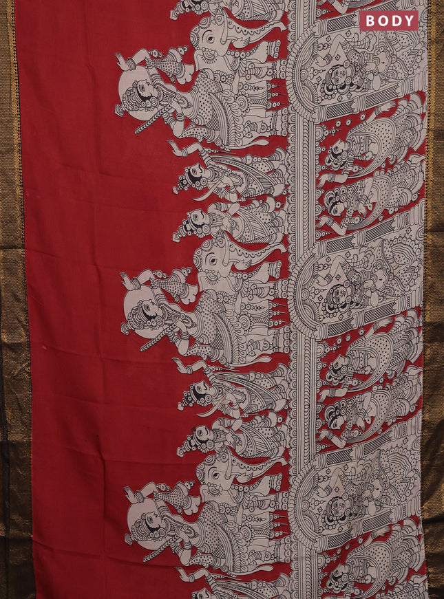 Kalamkari semi silk saree maroon and black with allover prints and zari woven border
