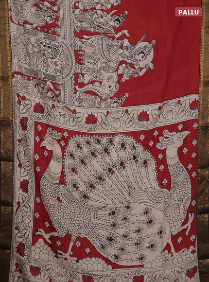 Kalamkari semi silk saree maroon and black with allover prints and zari woven border